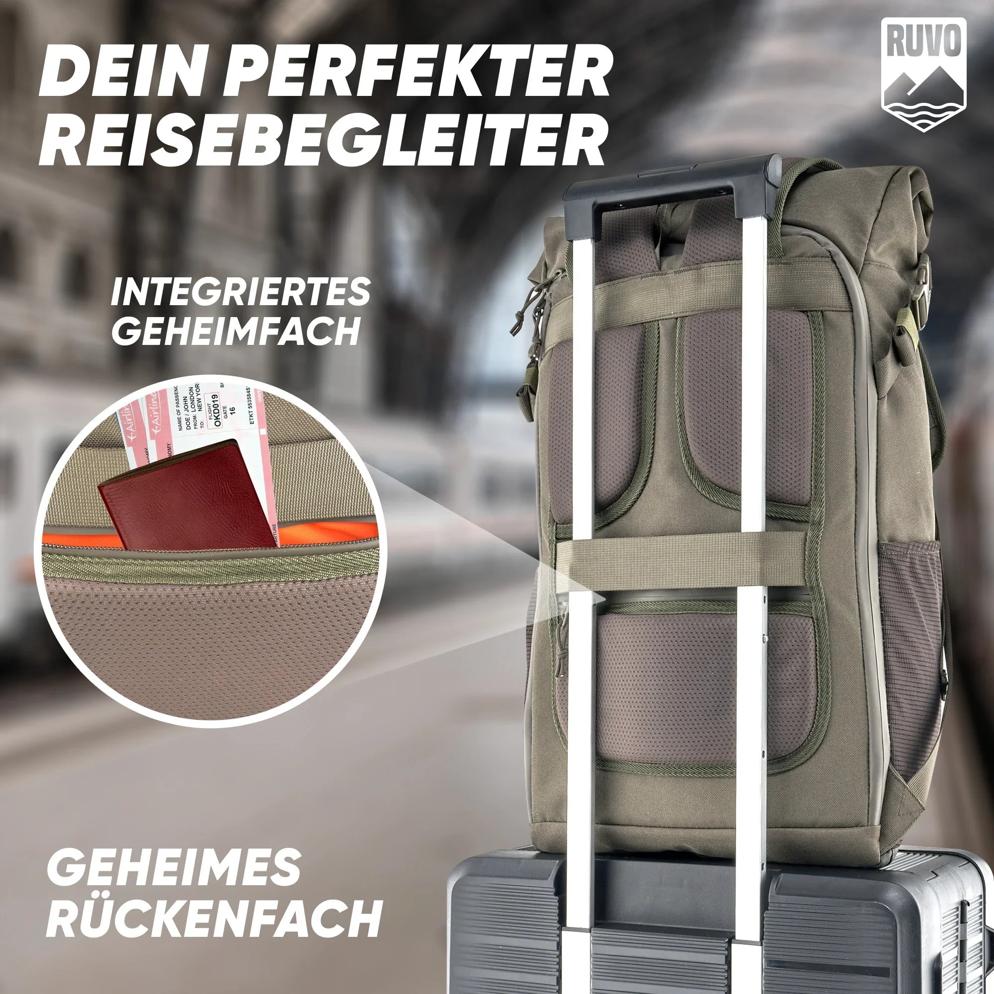 Reiserucksack mit integriertem Geheimfach am Koffergriff auf Bahnhof, Fokus auf sicheres Rückfach.