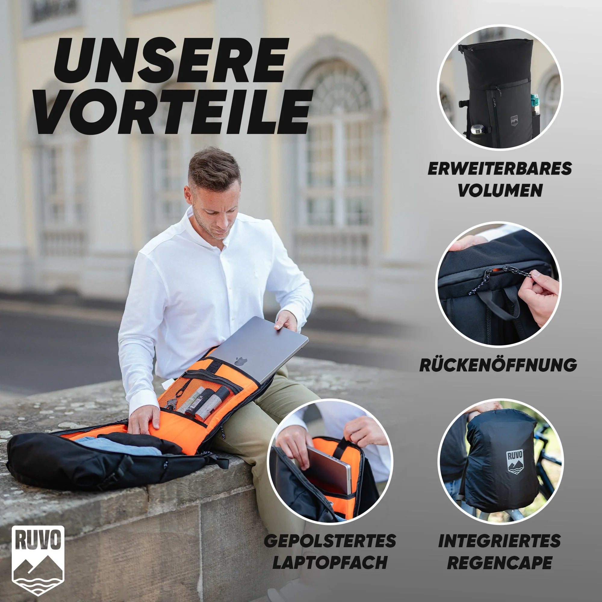 Mann mit geöffnetem, wasserfestem Rucksack mit Laptopfach, Rückenzugang und integriertem Regencape.