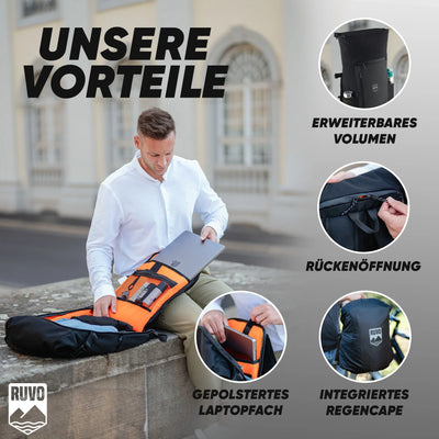 Mann mit geöffnetem, wasserfestem Rucksack mit Laptopfach, Rückenzugang und integriertem Regencape.