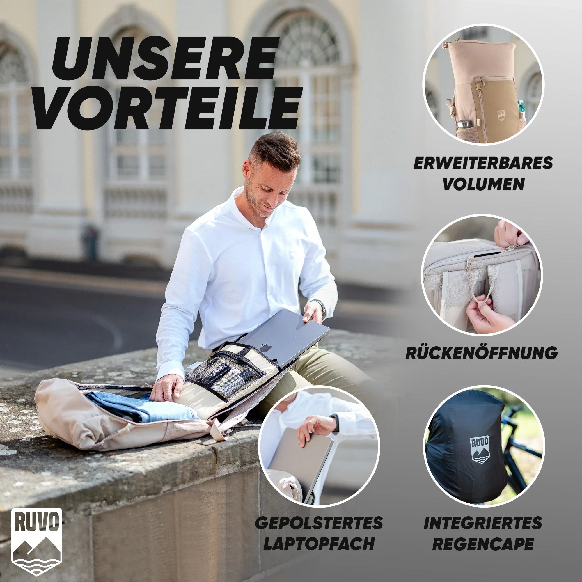 Moderner Rucksack mit Laptopfach, erweiterbarem Volumen und integriertem Regencape, Mann nutzt den Rucksack draußen