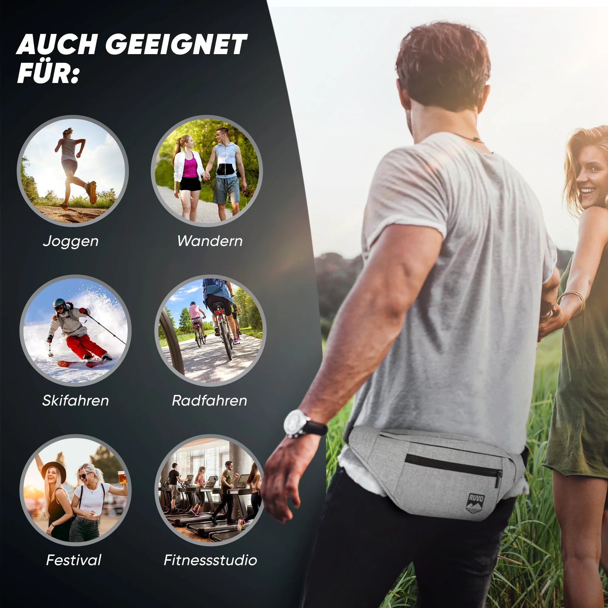 Mann mit grauer Bauchtasche im Freien, Anwendungsbereiche Joggen, Wandern, Skifahren, Radfahren, Festival, Fitnessstudio.
