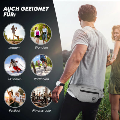 Mann mit grauer Bauchtasche im Freien, Anwendungsbereiche Joggen, Wandern, Skifahren, Radfahren, Festival, Fitnessstudio.