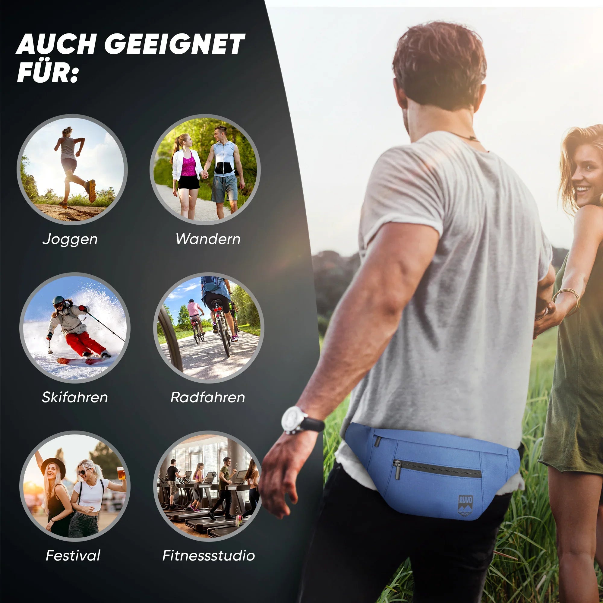 Mann mit blauer Gürteltasche im Freien, Symbole für Sport und Outdoor-Aktivitäten wie Joggen, Wandern, Skifahren, Radfahren, Festival und Fitnessstudio