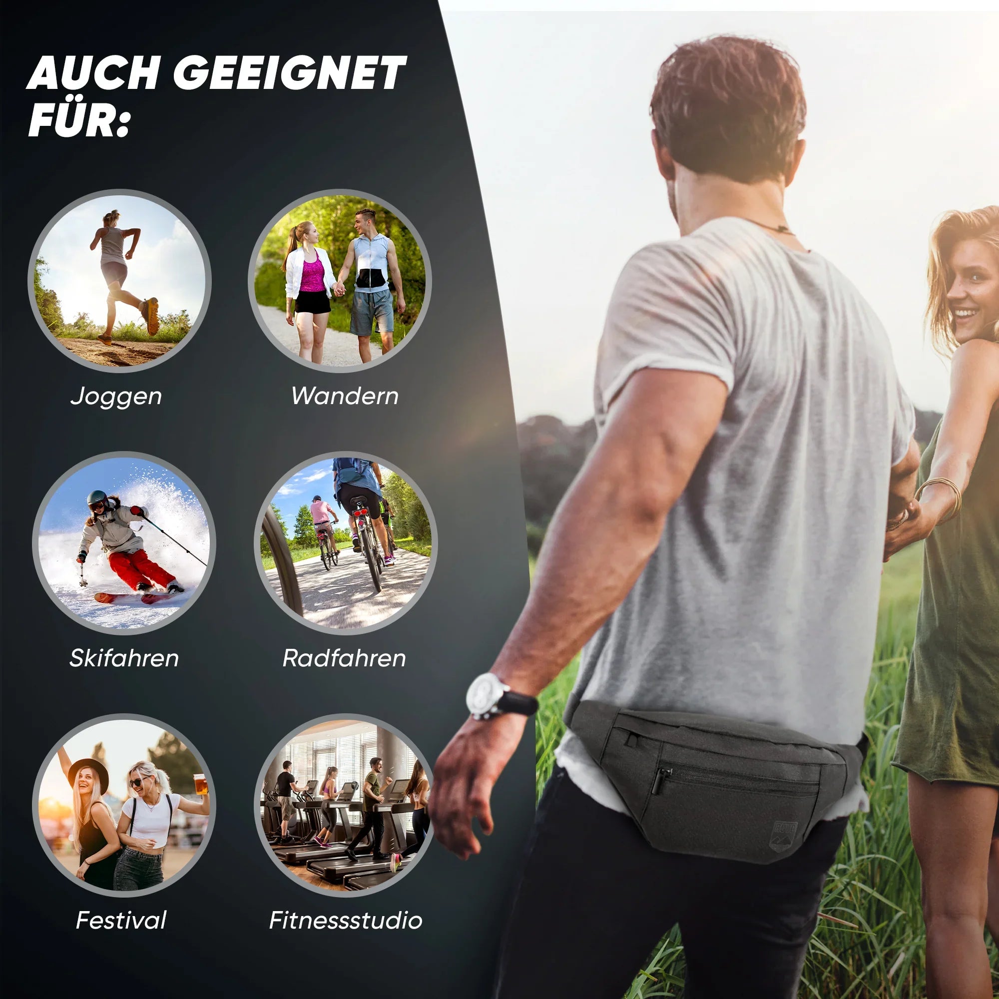 Mann mit schwarzer Gürteltasche, geeignet für Joggen, Wandern, Skifahren, Radfahren, Festival, Fitnessstudio