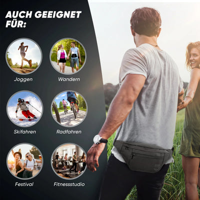 Mann mit schwarzer Gürteltasche, geeignet für Joggen, Wandern, Skifahren, Radfahren, Festival, Fitnessstudio
