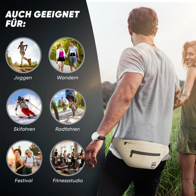 Mann mit beiger Gürteltasche in Natur, geeignet für Joggen, Wandern, Skifahren, Radfahren, Festival, Fitnessstudio.