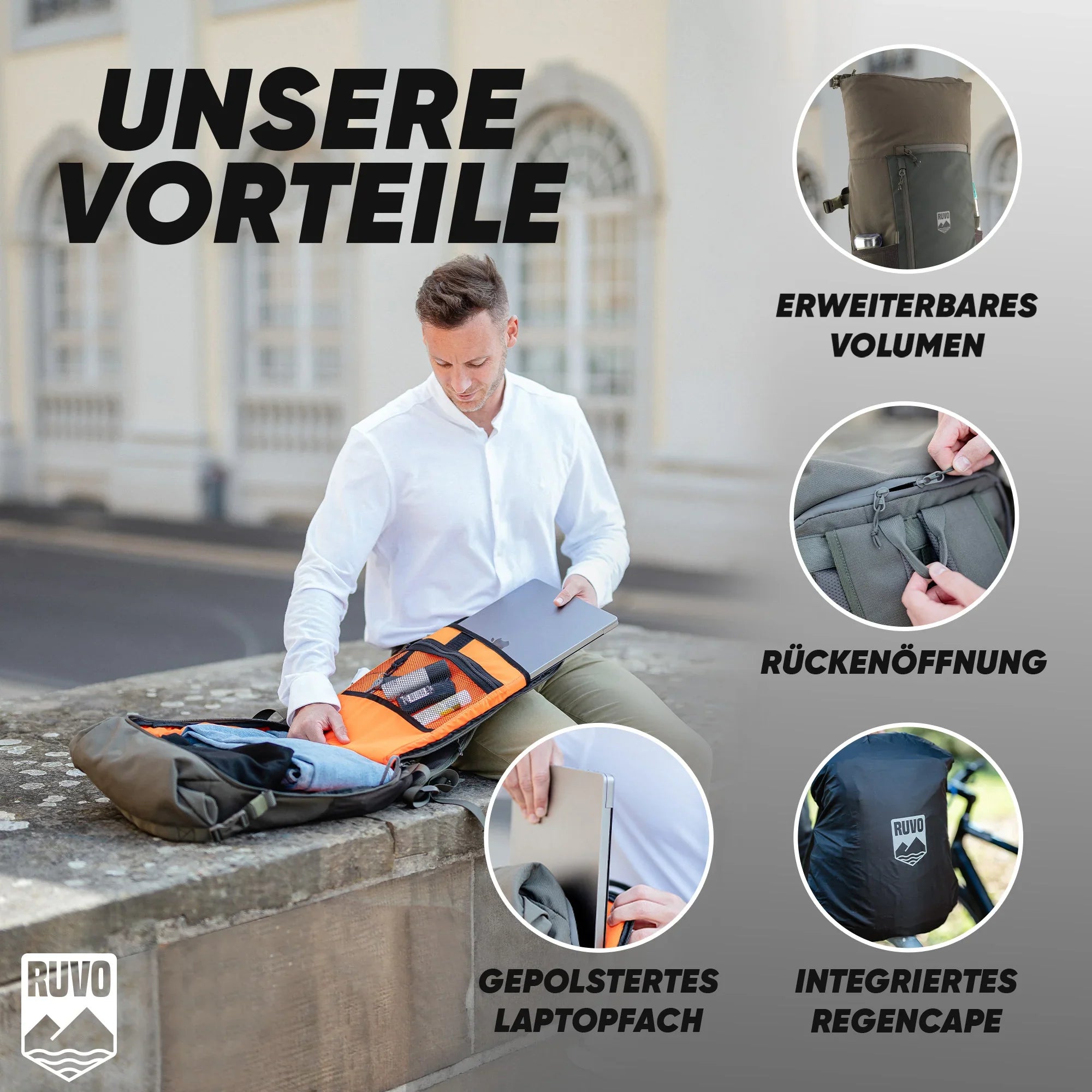 Mann mit modernem, wasserfestem Rucksack mit Laptopfach, erweiterbarem Volumen und Regencape.