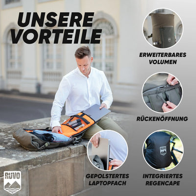 Mann mit modernem, wasserfestem Rucksack mit Laptopfach, erweiterbarem Volumen und Regencape.