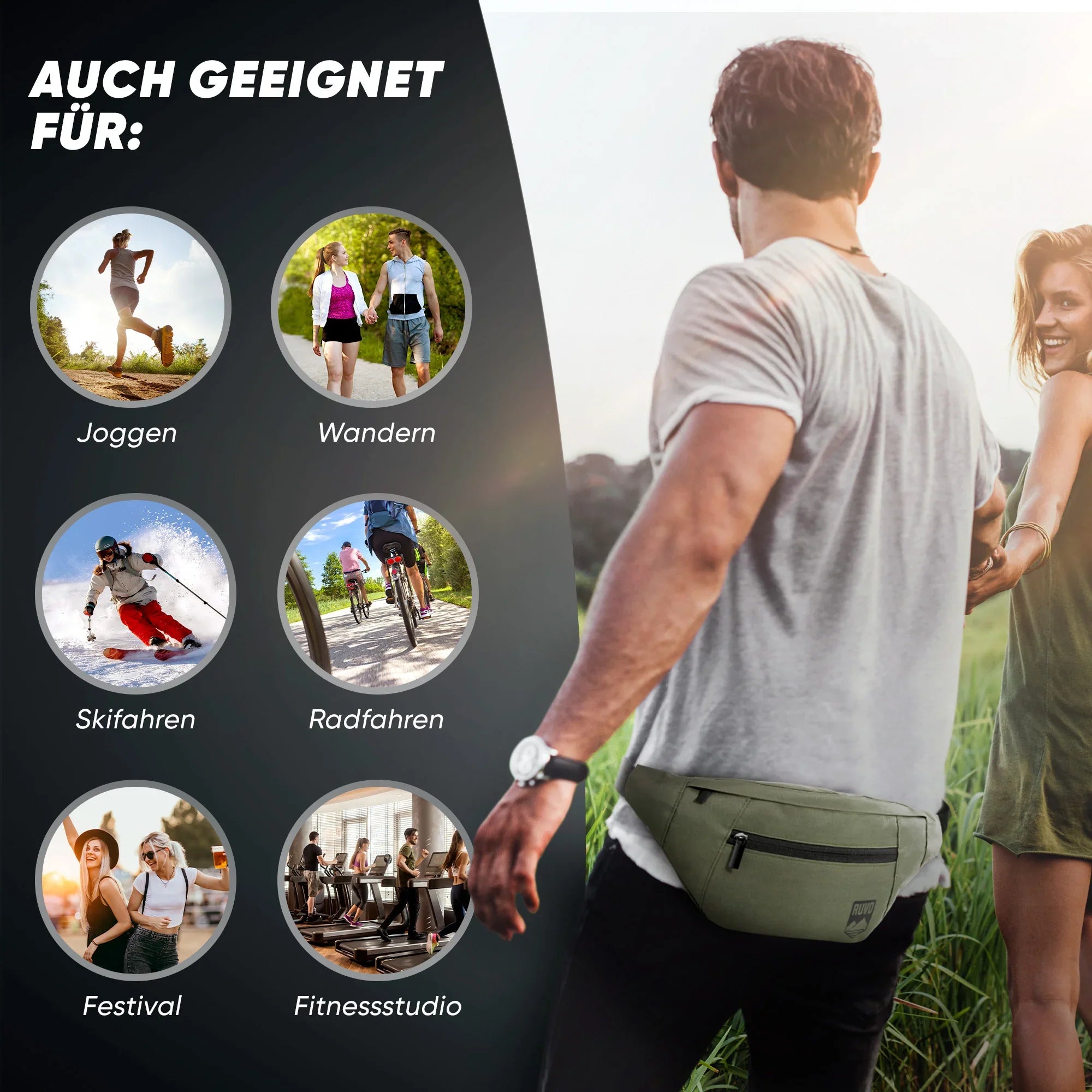 Mann mit grüner Gürteltasche beim Wandern, Nutzungsvorschläge wie Joggen, Radfahren, Skifahren, Festival, Fitnessstudio eingeblendet.