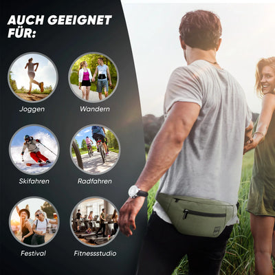 Mann mit grüner Gürteltasche beim Wandern, Nutzungsvorschläge wie Joggen, Radfahren, Skifahren, Festival, Fitnessstudio eingeblendet.