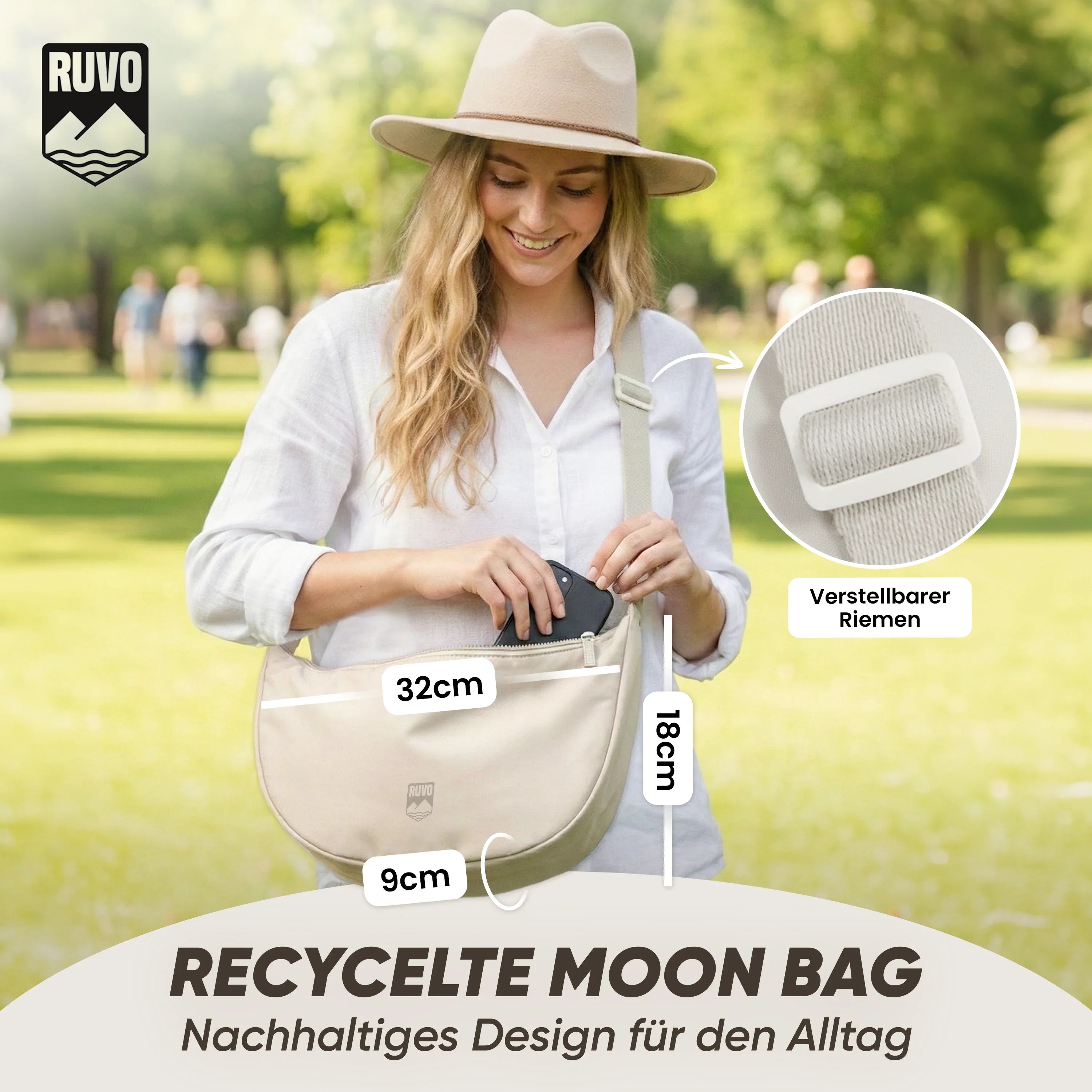 Frau mit recycelter Moon Bag Umhängetasche in Beige, verstellbarer Riemen, nachhaltig, Alltag