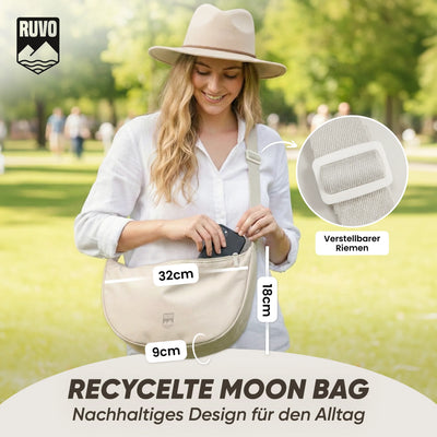 Frau mit recycelter Moon Bag Umhängetasche in Beige, verstellbarer Riemen, nachhaltig, Alltag