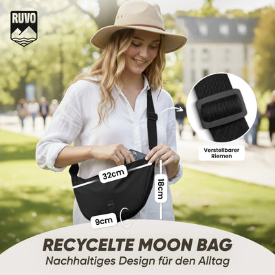 Frau mit recycelter Moon Bag Umhängetasche, verstellbarem Riemen, Outdoor, nachhaltig