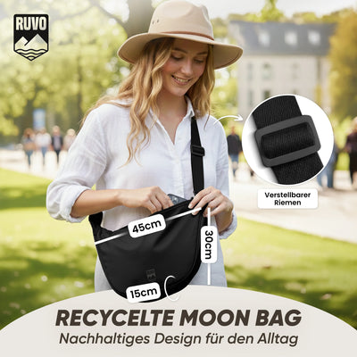 Frau mit recycelter Moon Bag Umhängetasche, verstellbarer Riemen, Maße 45x30x15cm, Alltag, nachhaltig
