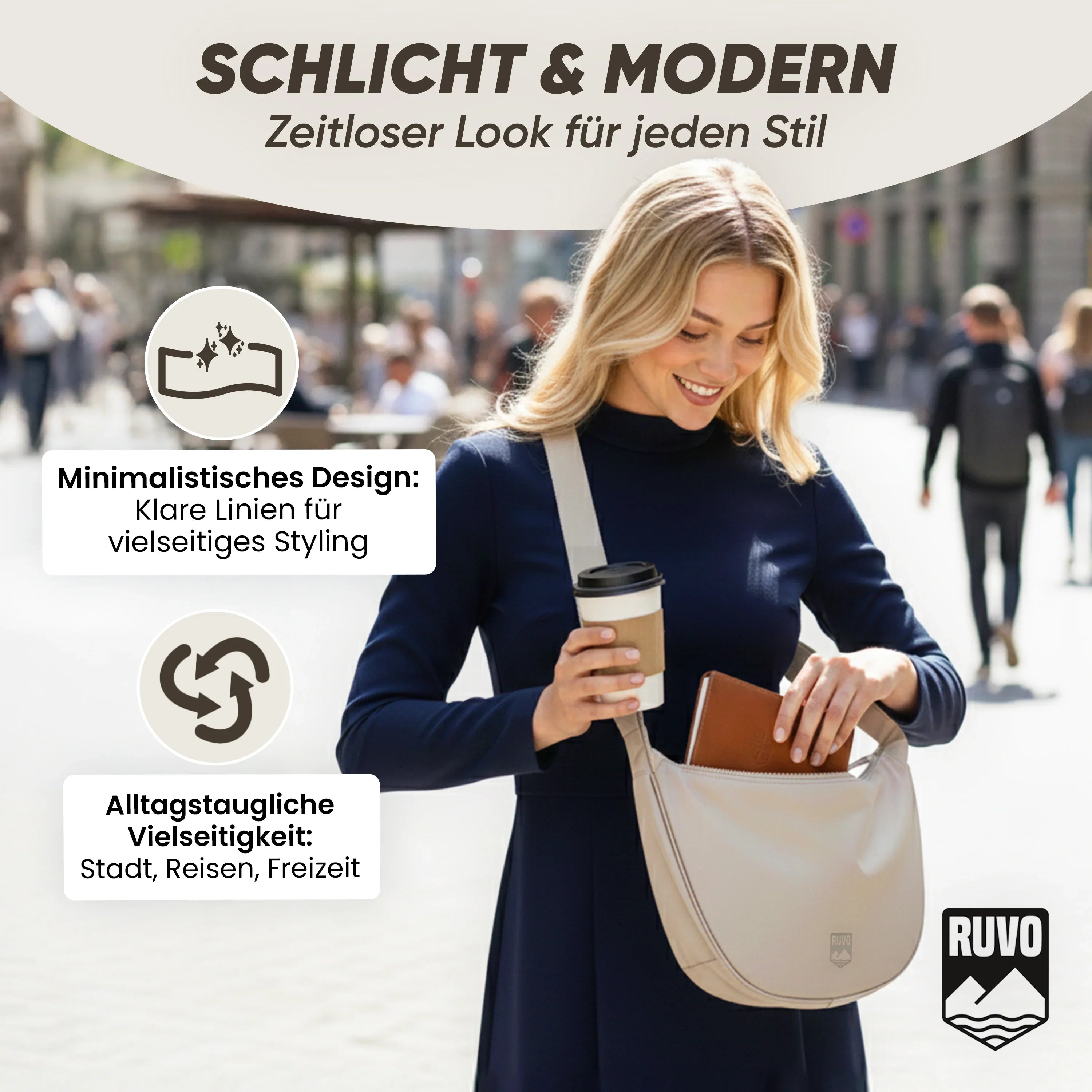 Frau mit cremefarbener Umhängetasche, hält Kaffee und Geldbörse, urbaner Hintergrund, modern