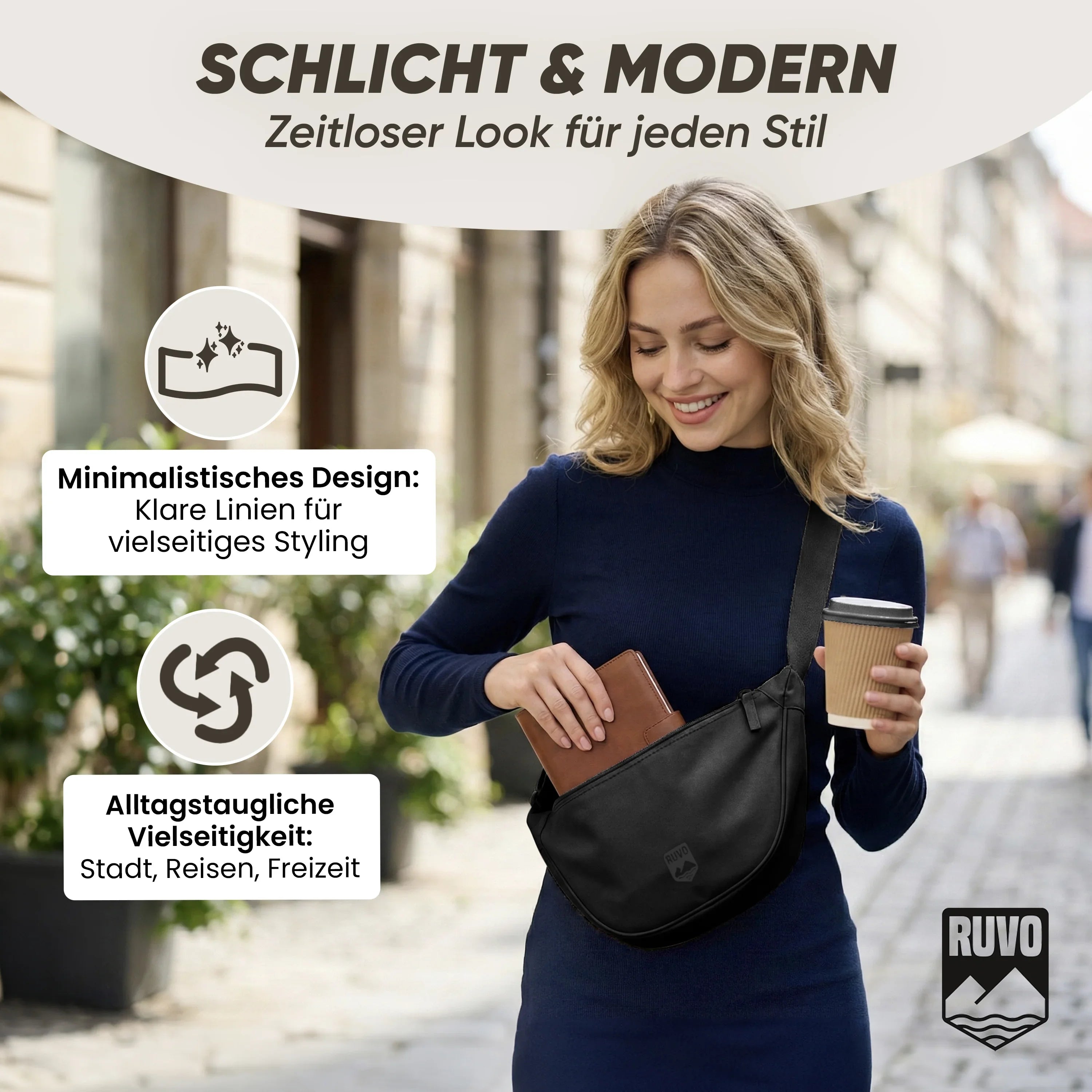 Frau mit schwarzer Umhängetasche, Kaffee und Notizbuch, stilvoll in urbaner Umgebung