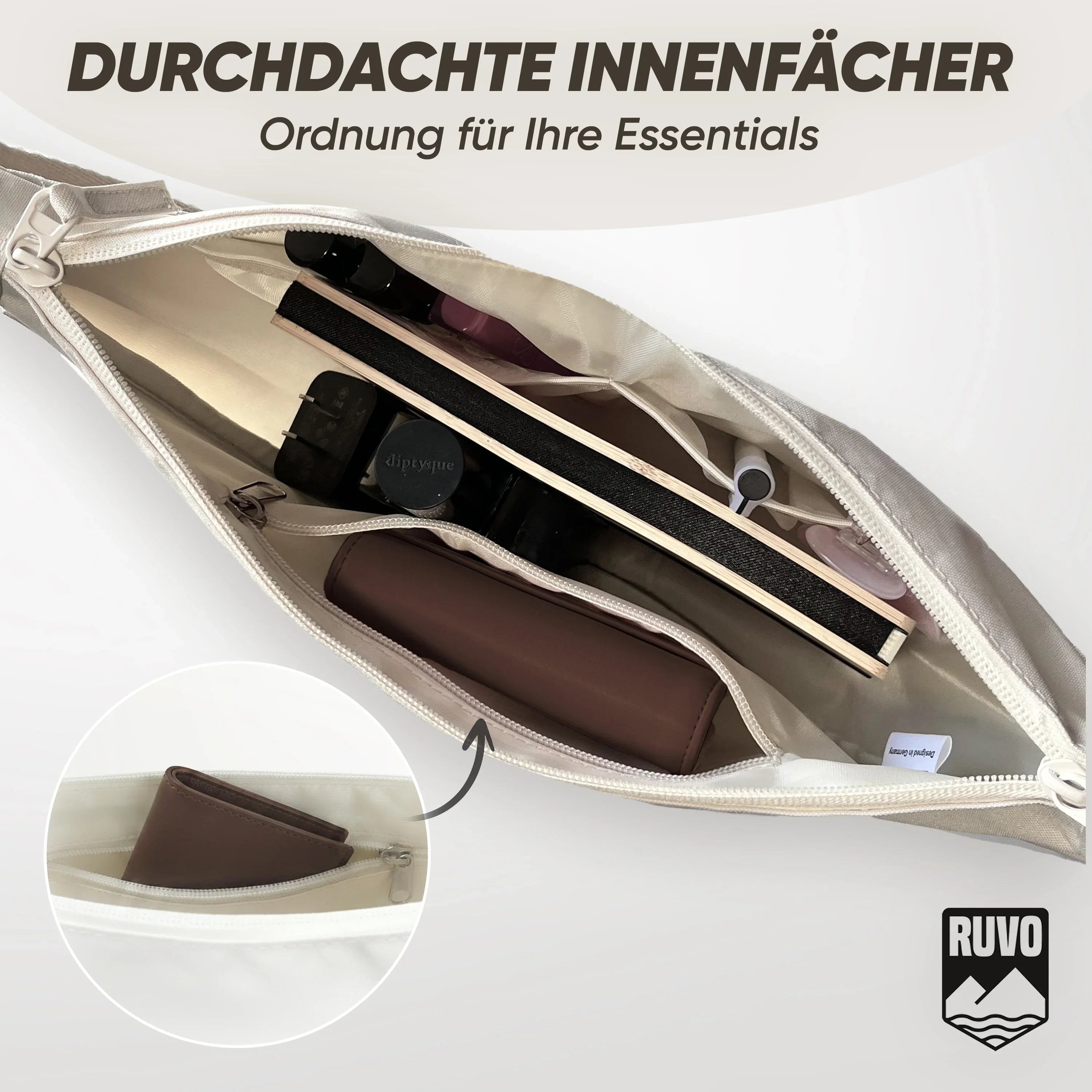Beiger Rucksack mit durchdachten Innenfächern, ordentlich befüllt mit Alltagsgegenständen.