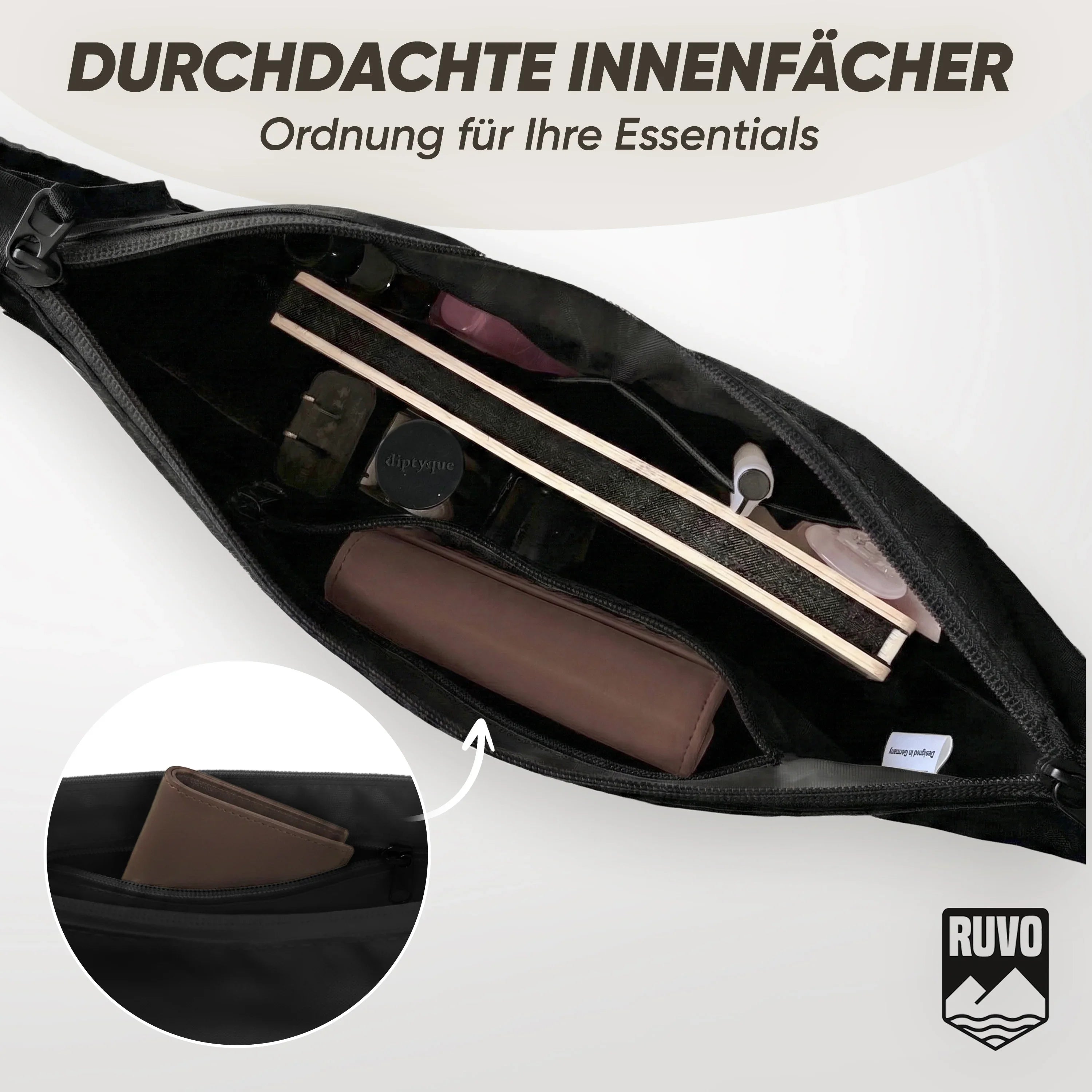 Schwarze Umhängetasche mit durchdachten Innenfächern, organisiert mit Alltagsutensilien
