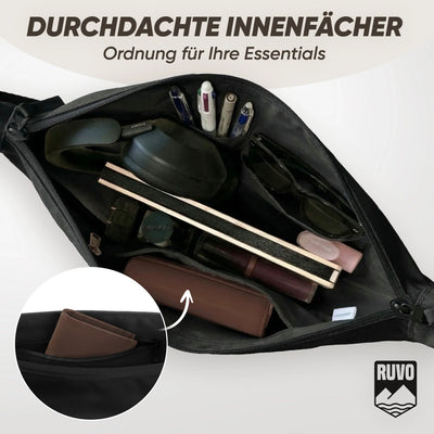 Rucksack mit durchdachten Innenfächern, organisiert mit Kopfhörer, Brille, Stiften und Geldbörse.