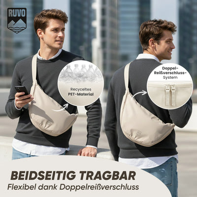 Beidseitig tragbare Umhängetasche aus recyceltem PET-Material mit Doppelreißverschluss