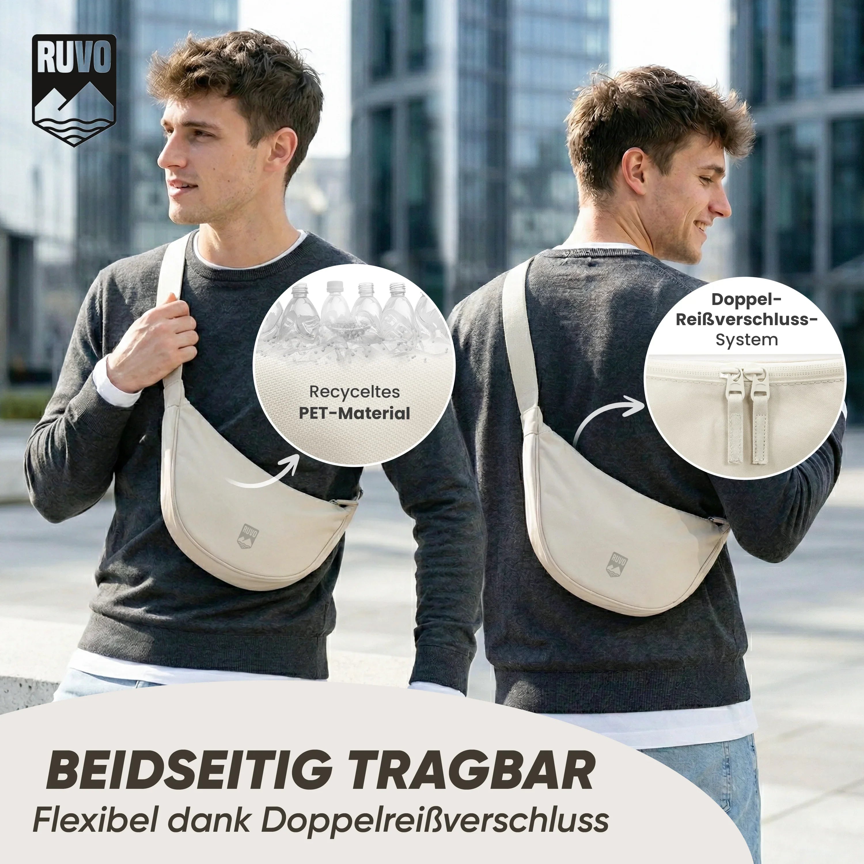 Beiger Crossbody-Rucksack aus recyceltem PET, beidseitig tragbar, Doppelreißverschluss, urbanes Outdoor-Design.
