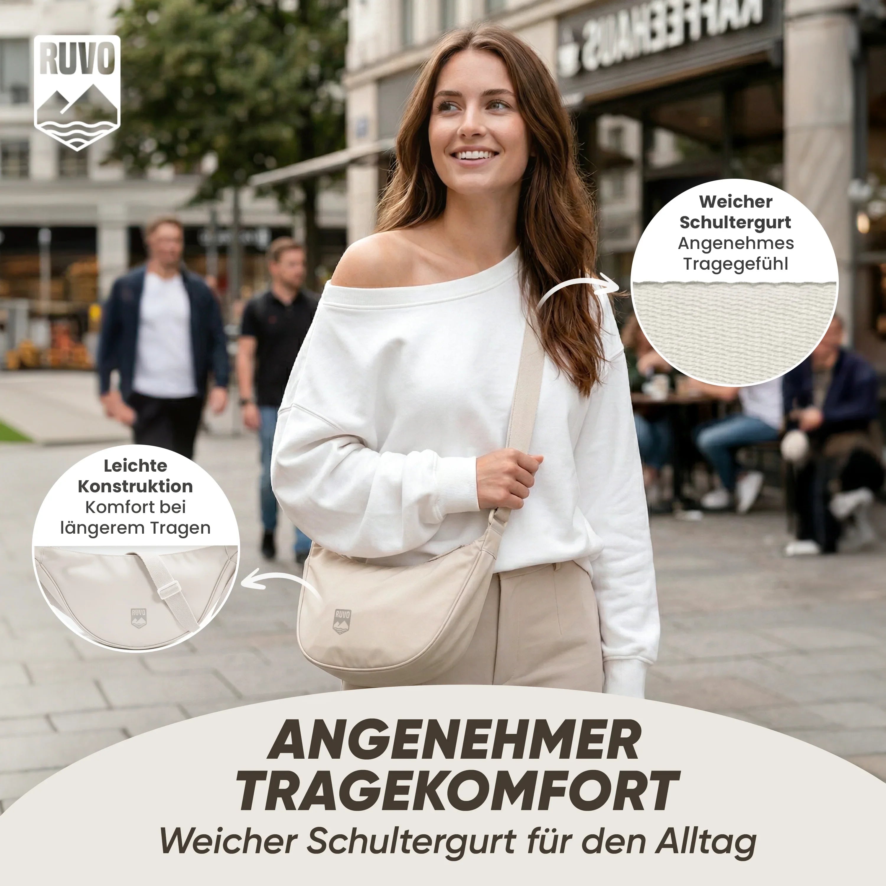Frau mit beiger Umhängetasche in der Stadt, weicher Schultergurt, alltagstauglich, komfortabel