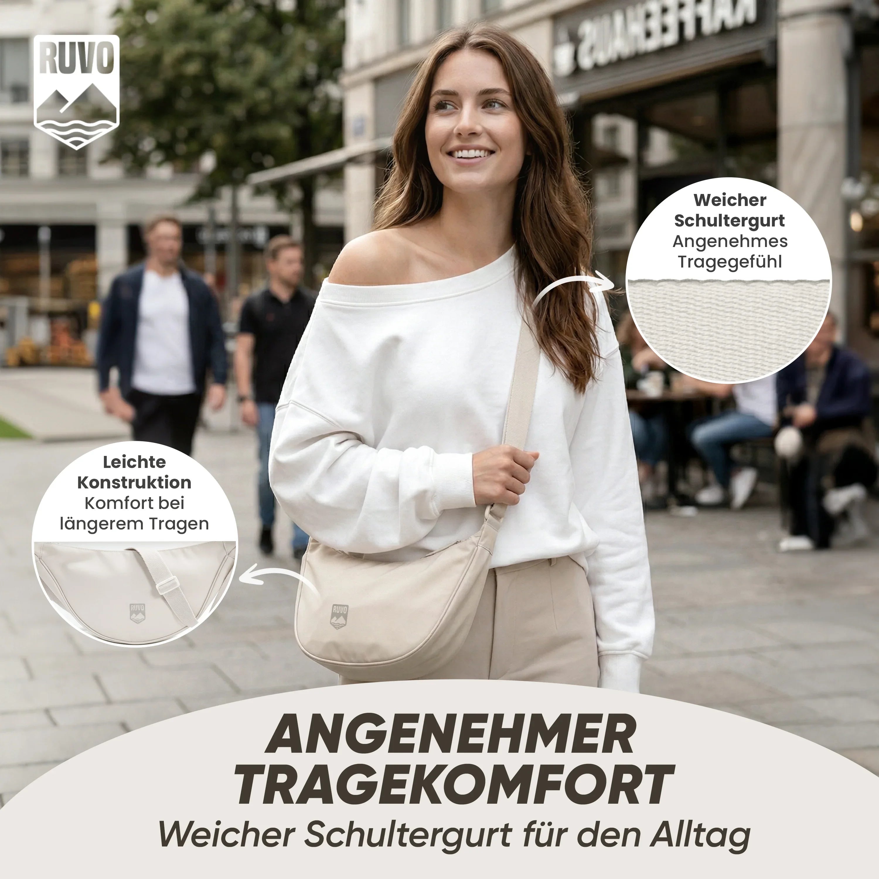 Frau mit beiger Umhängetasche, weichem Schultergurt und leichter Konstruktion unterwegs in der Stadt
