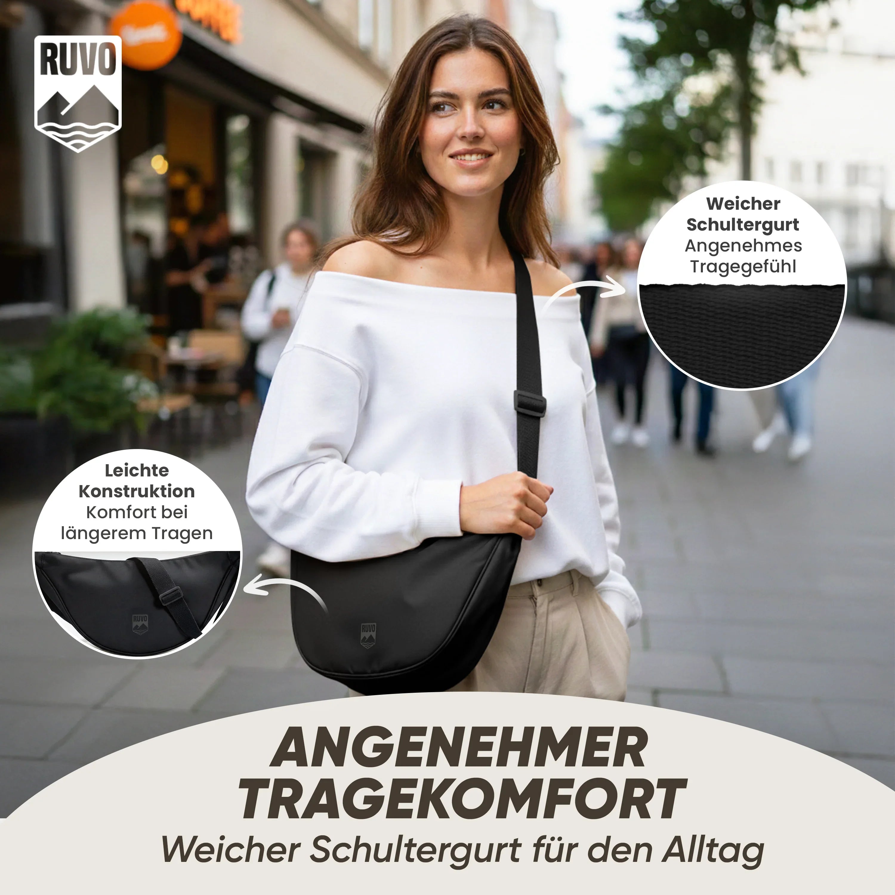 Junge Frau mit schwarzer Umhängetasche, leichter Konstruktion und weichem Schultergurt, unterwegs in der Stadt