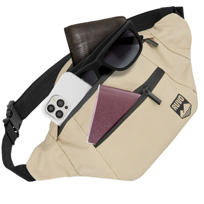 Beige Gürteltasche mit Reißverschlussfach, Smartphone, Geldbörse, Sonnenbrille und Reisepass