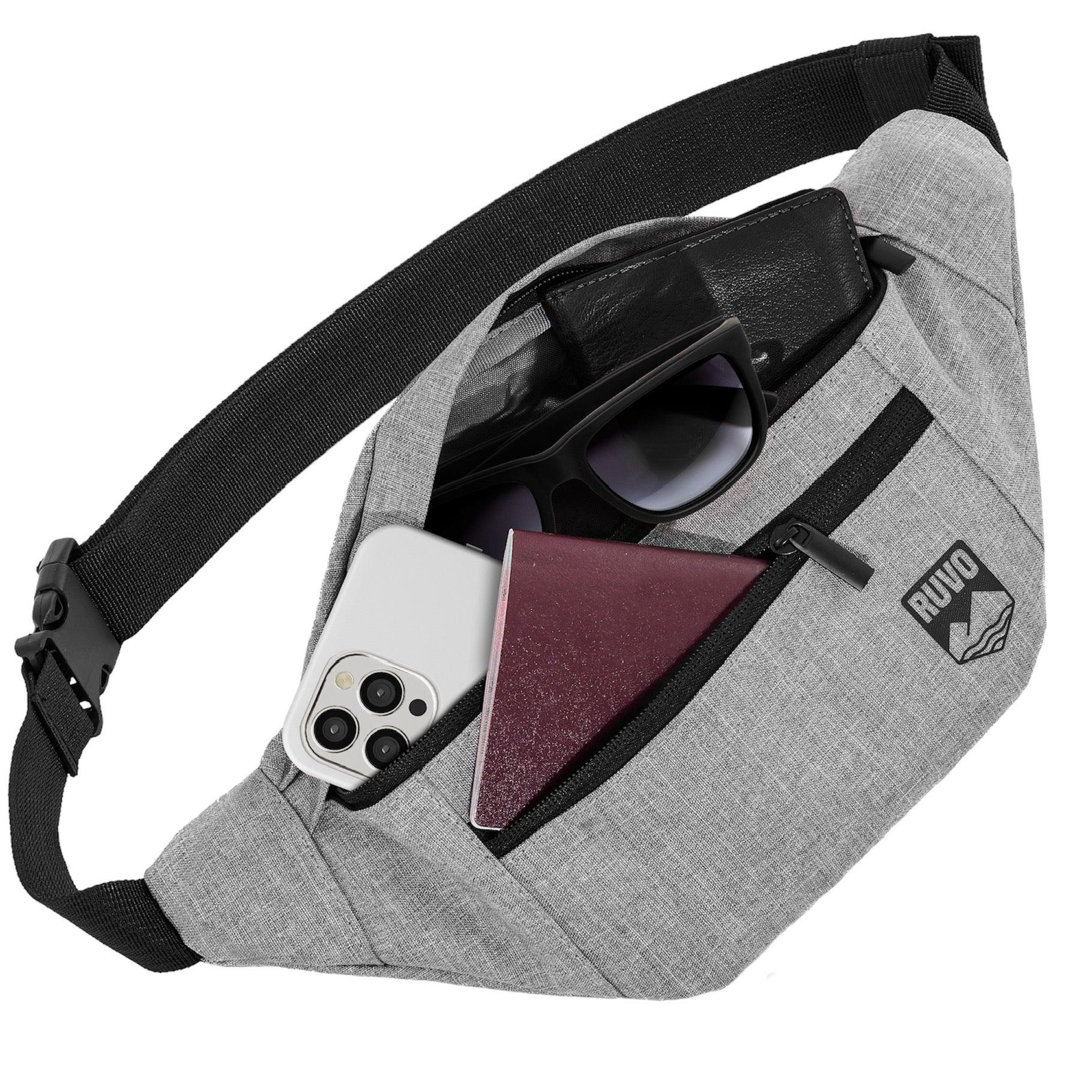 Graue Gürteltasche mit Reißverschluss, Handy, Sonnenbrille und Reisedokument