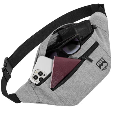 Graue Gürteltasche mit Reißverschluss, Handy, Sonnenbrille und Reisedokument