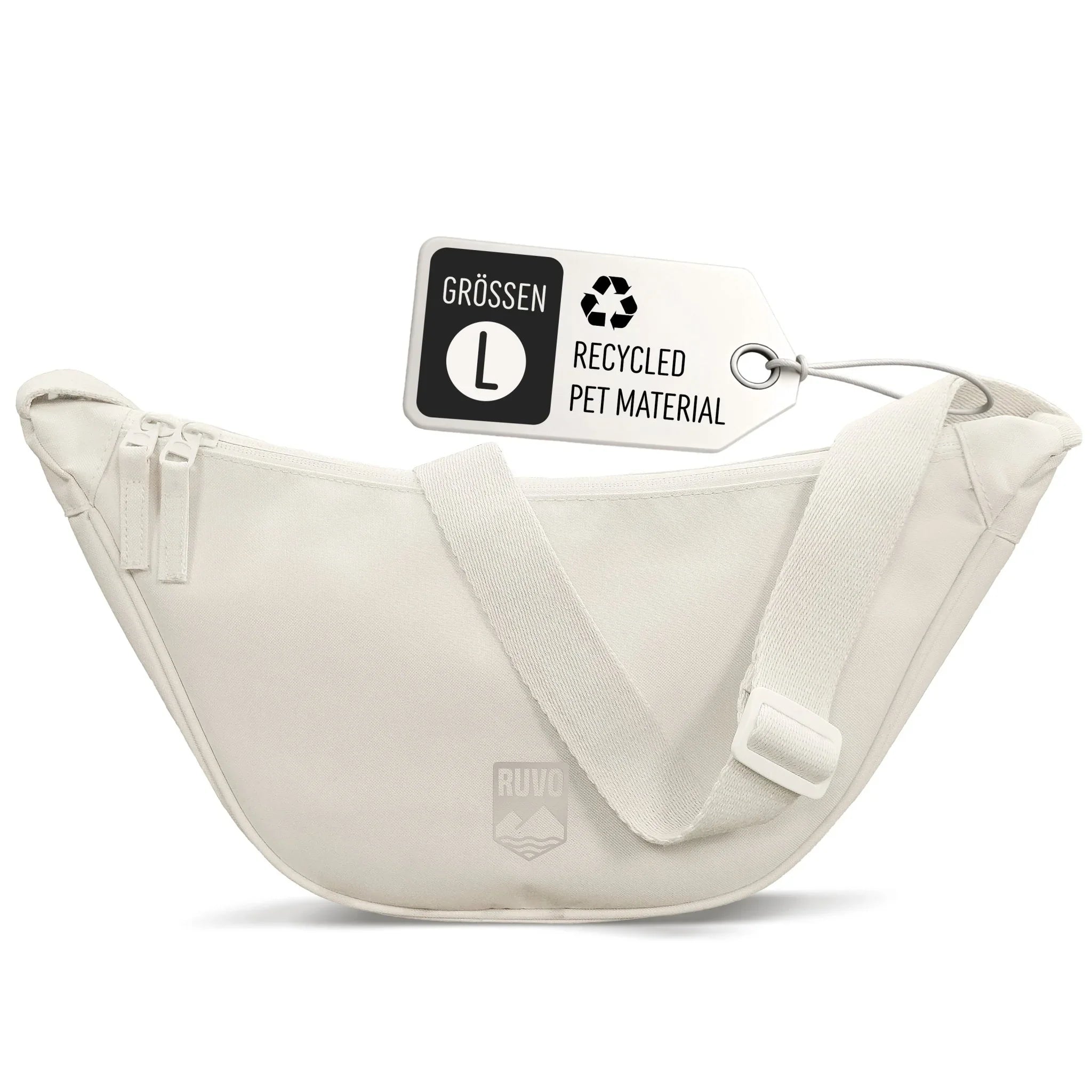 Weiße Crossbody-Tasche mit verstellbarem Gurt aus recyceltem PET, Größe L, minimalistisch.