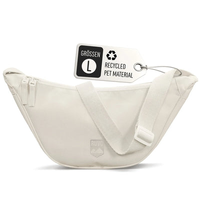 Weiße Crossbody-Tasche mit verstellbarem Gurt aus recyceltem PET, Größe L, minimalistisch.