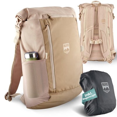 Beiger Premium Rucksack mit Laptopfach, Flaschenfach, Regencape und gepolsterten Schultergurten.