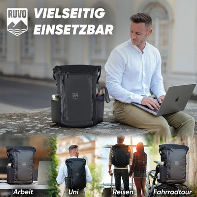 Schwarzer, wasserfester Premium Rucksack mit Laptopfach, vielseitig einsetzbar für Arbeit, Uni, Reisen und Fahrradtour.