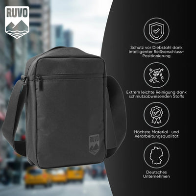 Schwarze Schultertasche mit Fronttasche, verstellbarem Gurt und modernem, urbanem Hintergrund.