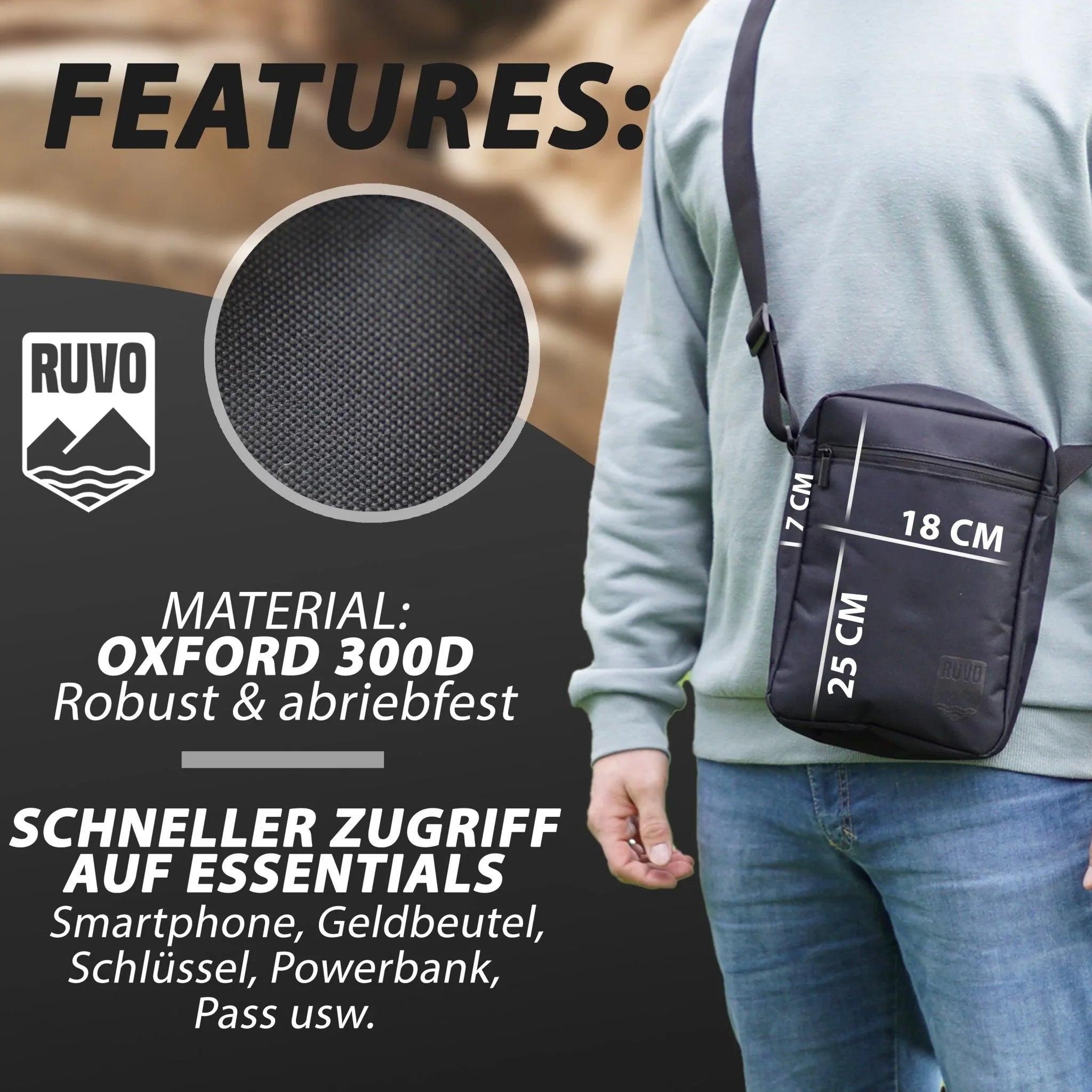 Schwarze Schultertasche aus Oxford 300D, robust, mit Reißverschluss und Maßen 25x18x7 cm