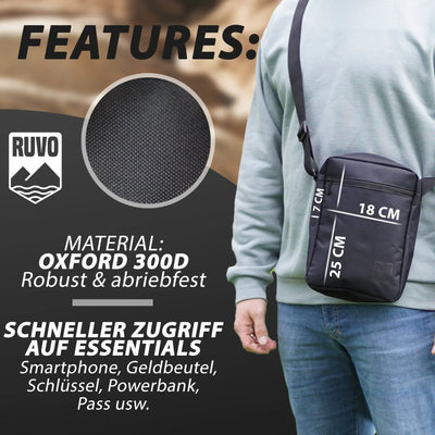 Schwarze Schultertasche aus Oxford 300D, robust, mit Reißverschluss und Maßen 25x18x7 cm