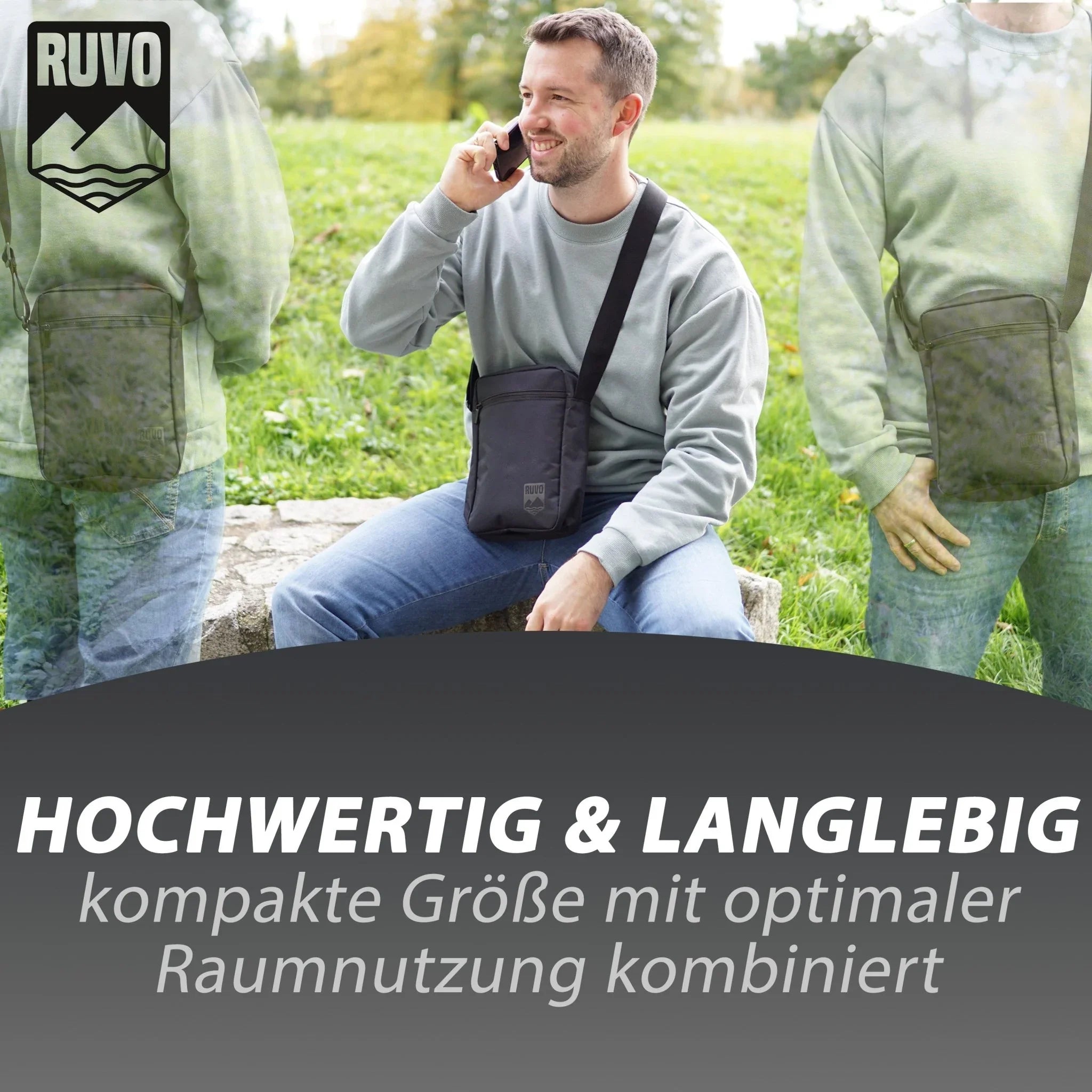 Schwarze Schultertasche für Herren, kompakt, wetterfest, ideal für Alltag und Outdoor
