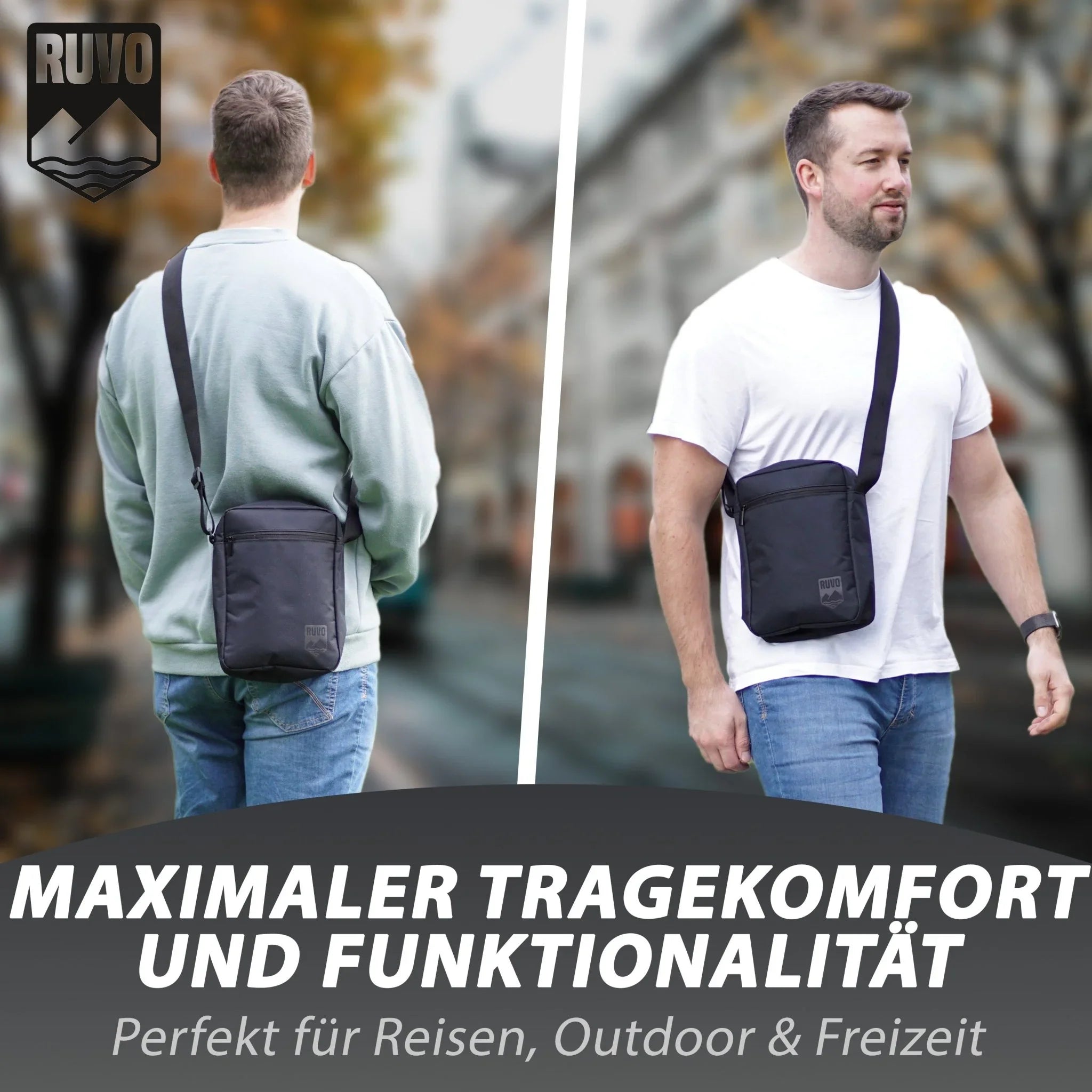 Schwarze Umhängetasche für Herren, ideal für Reisen, Outdoor und Freizeit, in der Stadt getragen.