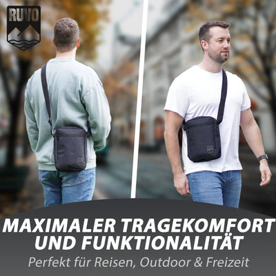 Schwarze Umhängetasche für Herren, ideal für Reisen, Outdoor und Freizeit, in der Stadt getragen.