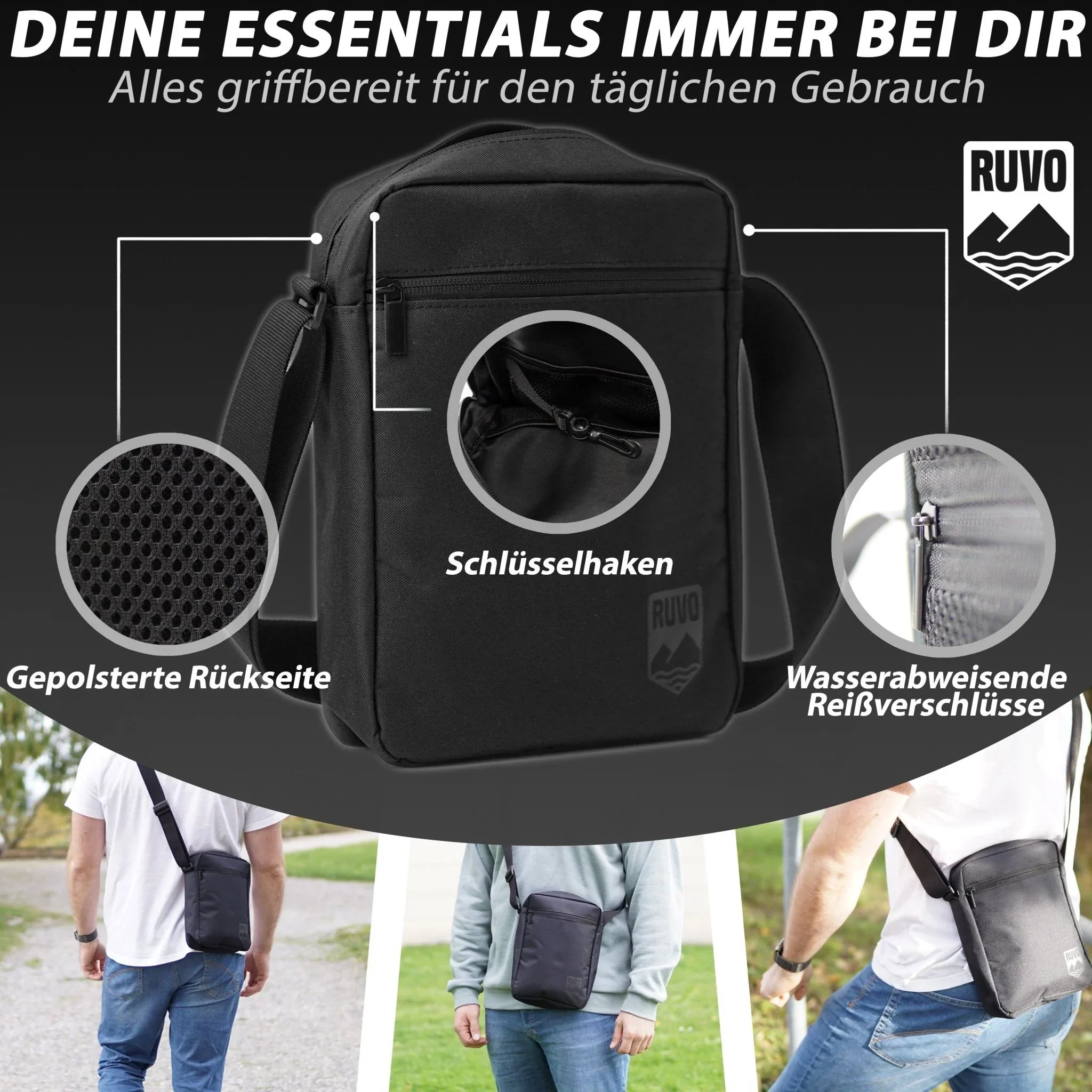 Schwarze Umhängetasche mit gepolsterter Rückseite, Schlüsselhaken und wasserabweisenden Reißverschlüssen, unterwegs getragen.