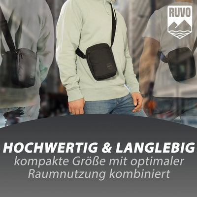 Schwarze Umhängetasche, kompakt, strapazierfähig, getragen von Person in Freizeitkleidung