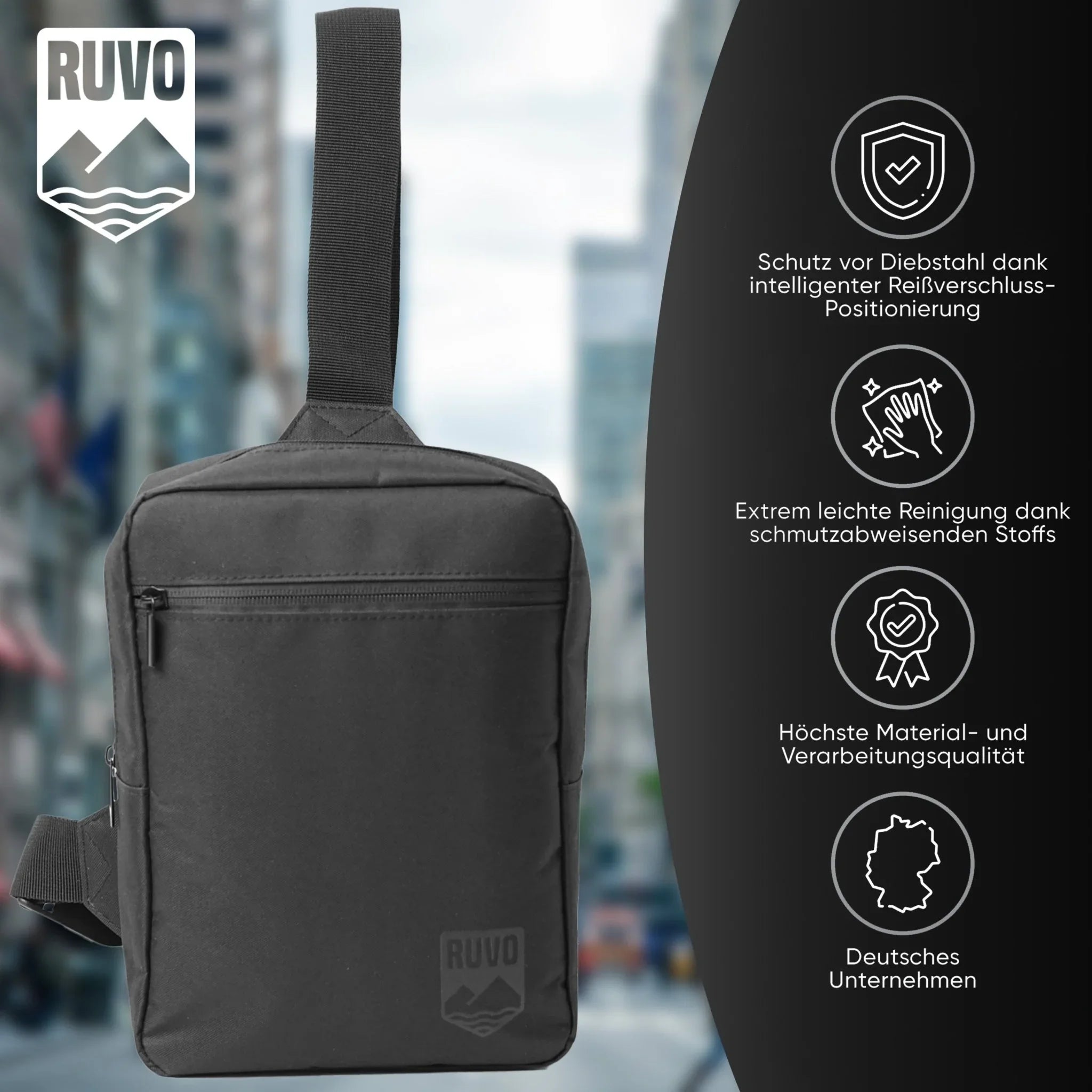 Schwarze Sling-Bag Umhängetasche mit Diebstahlschutz und wasserabweisendem Material vor Stadt-Hintergrund