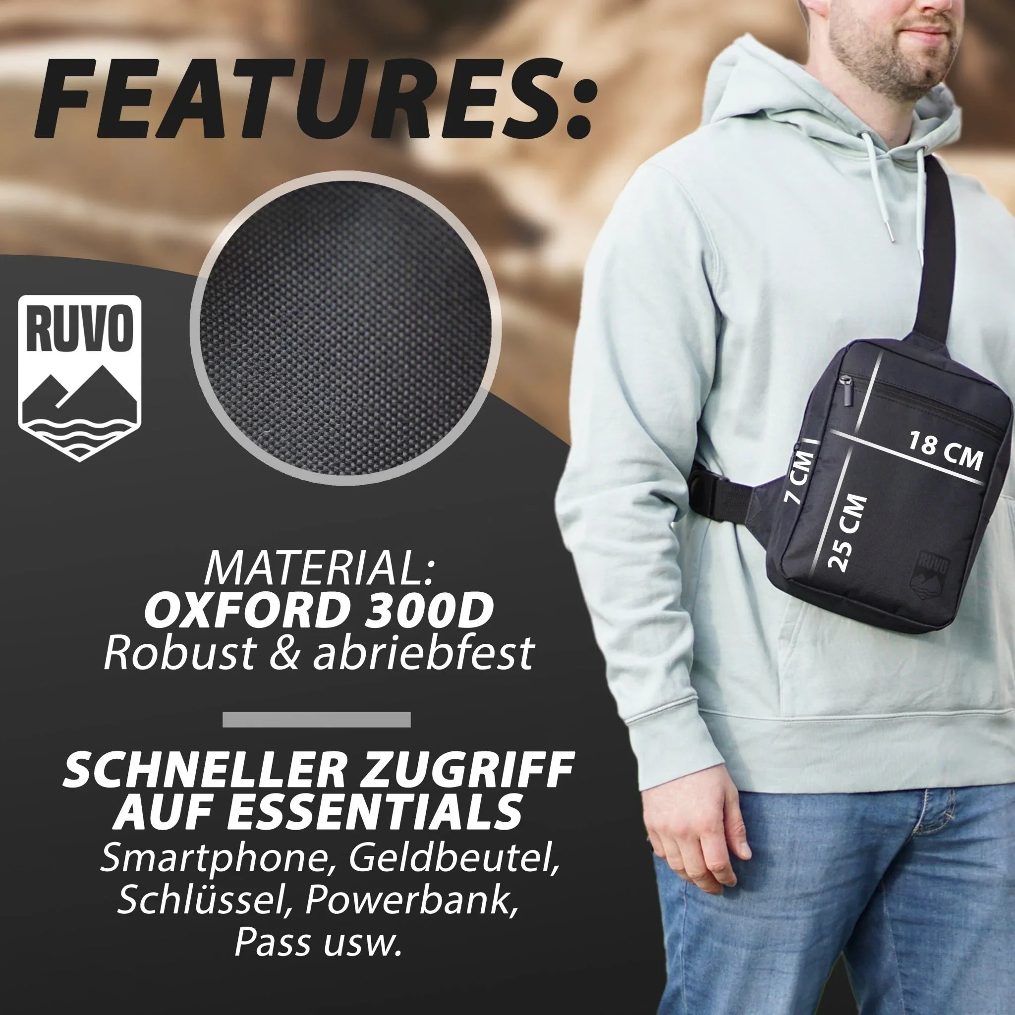 Schwarze Sling Bag aus robustem Oxford 300D, quer getragen, Maße 25x18x7 cm, kompakt