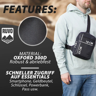 Schwarze Sling Bag aus robustem Oxford 300D, quer getragen, Maße 25x18x7 cm, kompakt