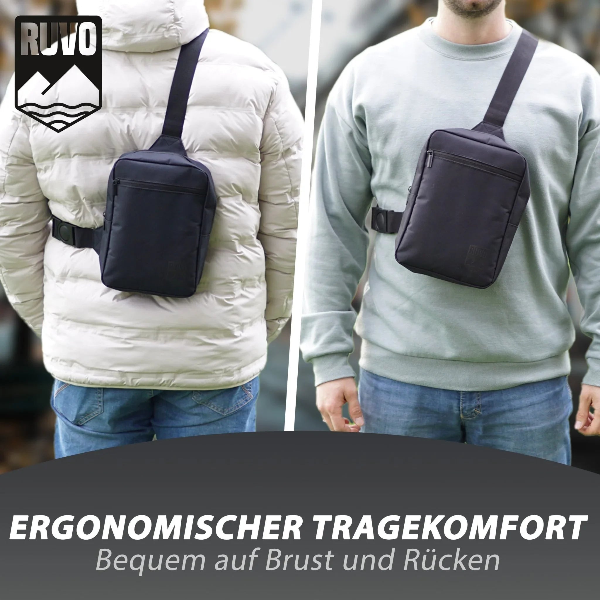 Schwarze Sling Bag für Herren, ergonomisch tragbar auf Brust und Rücken, outdoor geeignet