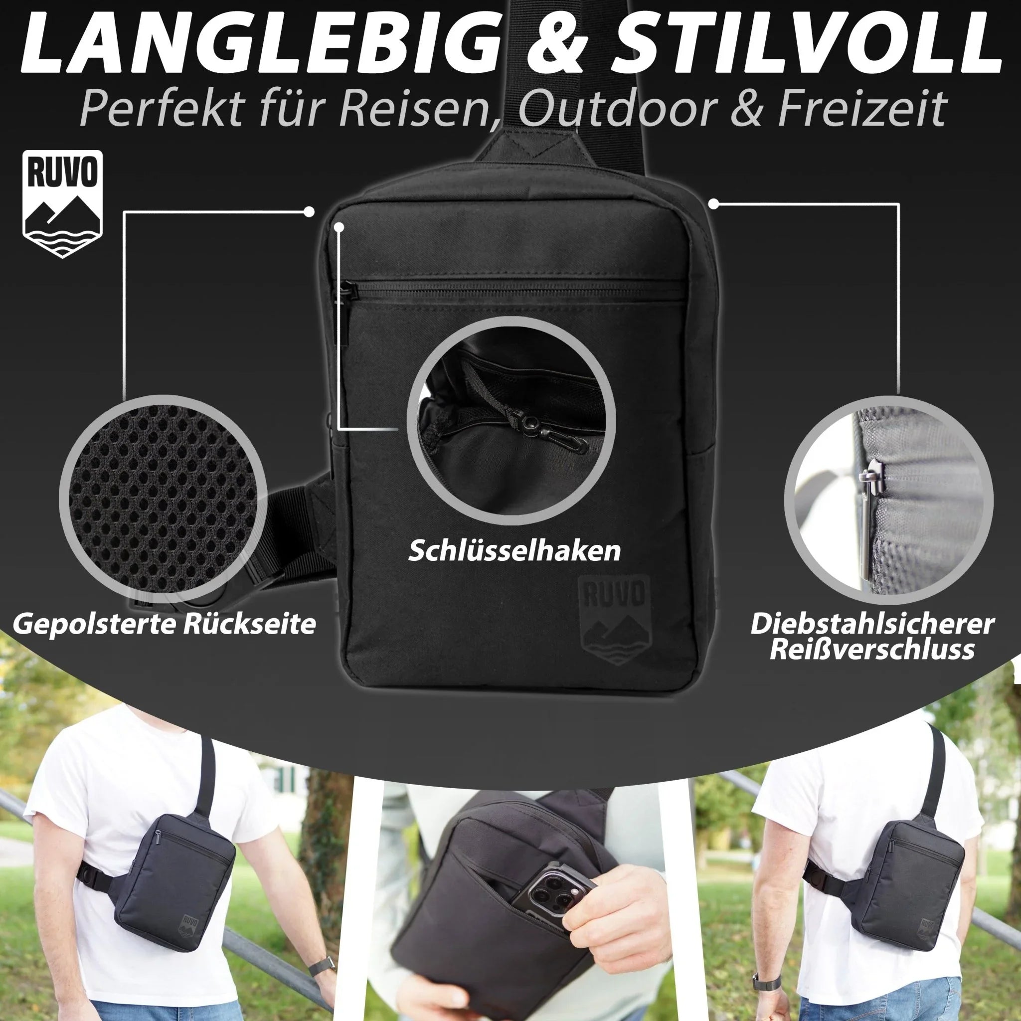 Schwarze Sling-Bag mit gepolsterter Rückseite, Schlüsselhaken und diebstahlsicherem Reißverschluss, ideal für Reisen und Outdoor.