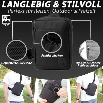 Schwarze Sling-Bag mit gepolsterter Rückseite, Schlüsselhaken und diebstahlsicherem Reißverschluss, ideal für Reisen und Outdoor.