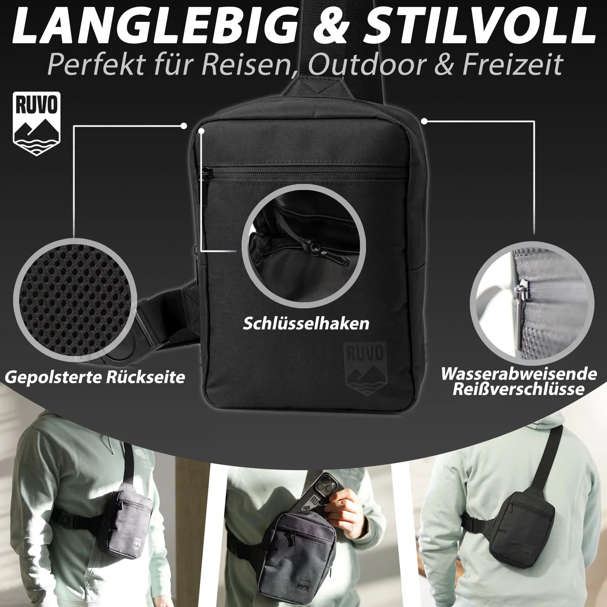 Schwarze Sling-Bag mit gepolsterter Rückseite, Schlüsselhaken und wasserabweisenden Reißverschlüssen, getragen von Person, ideal für Reisen und Outdoor.